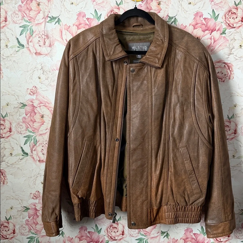 Wilsons Leather Camel Brown Classic Bomber Jacket Thinsulate size XL UNISEX
